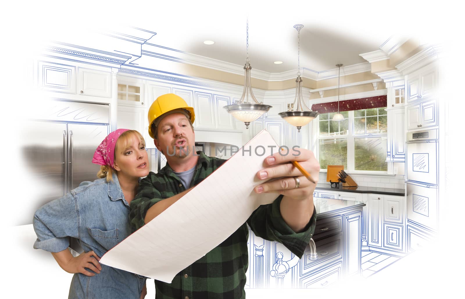 Male Contractor in Hard Hat Discussing Plans with Woman, Kitchen Drawing Photo Combination Behind.