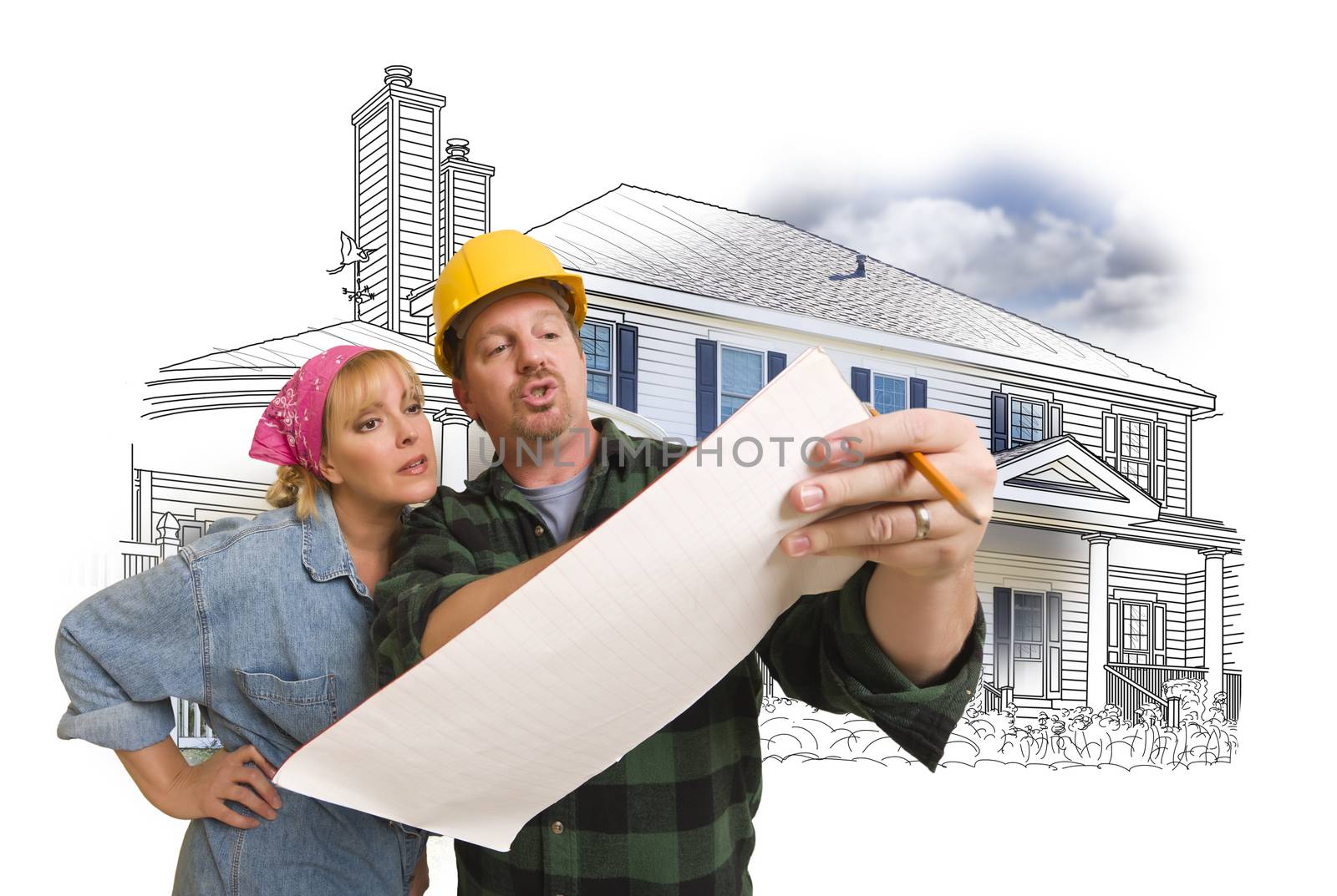 Woman with Contractor Over House Drawing and Photo on White by Feverpitched