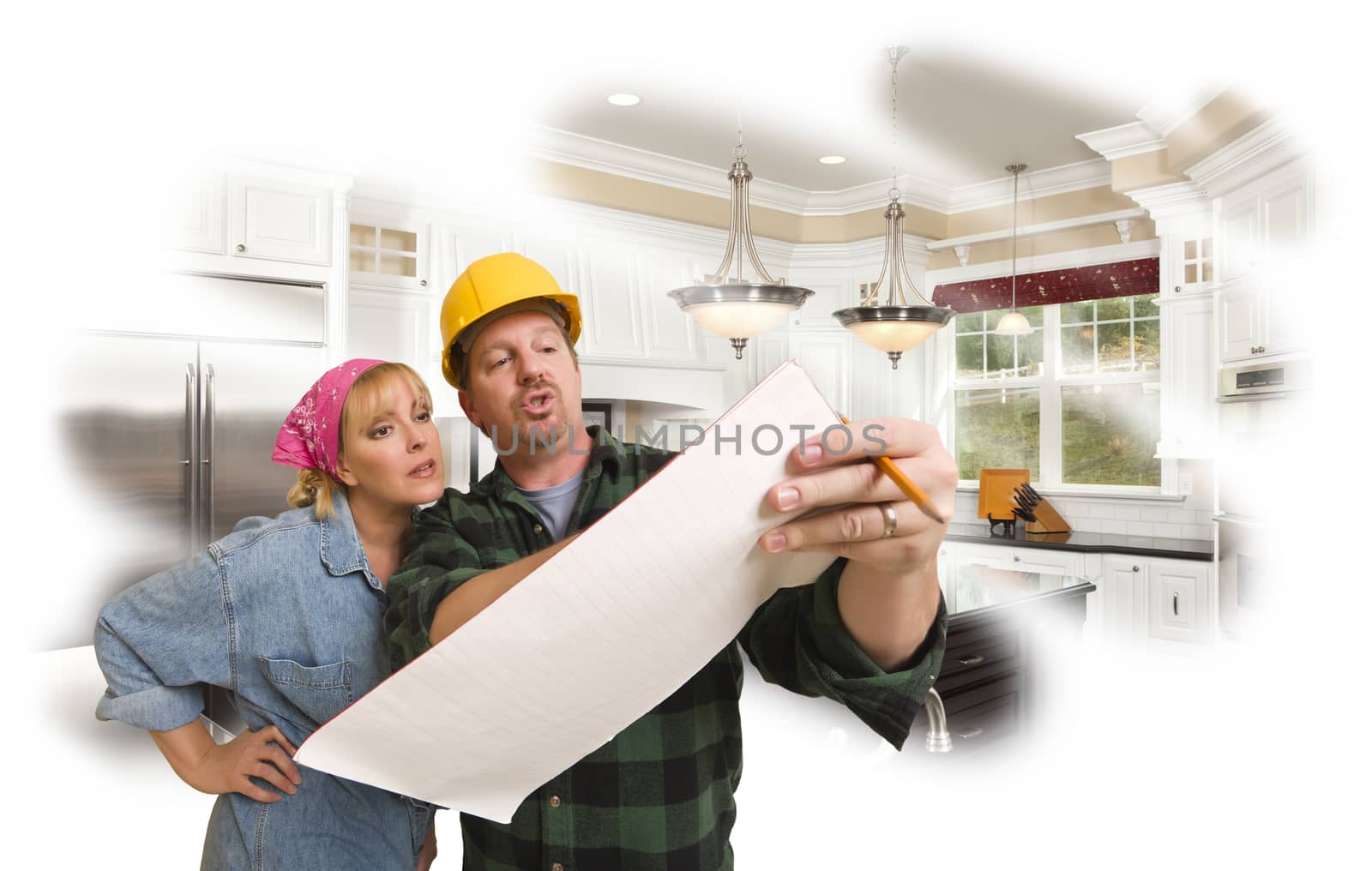 Contractor Discussing Plans with Woman, Kitchen Photo Behind by Feverpitched