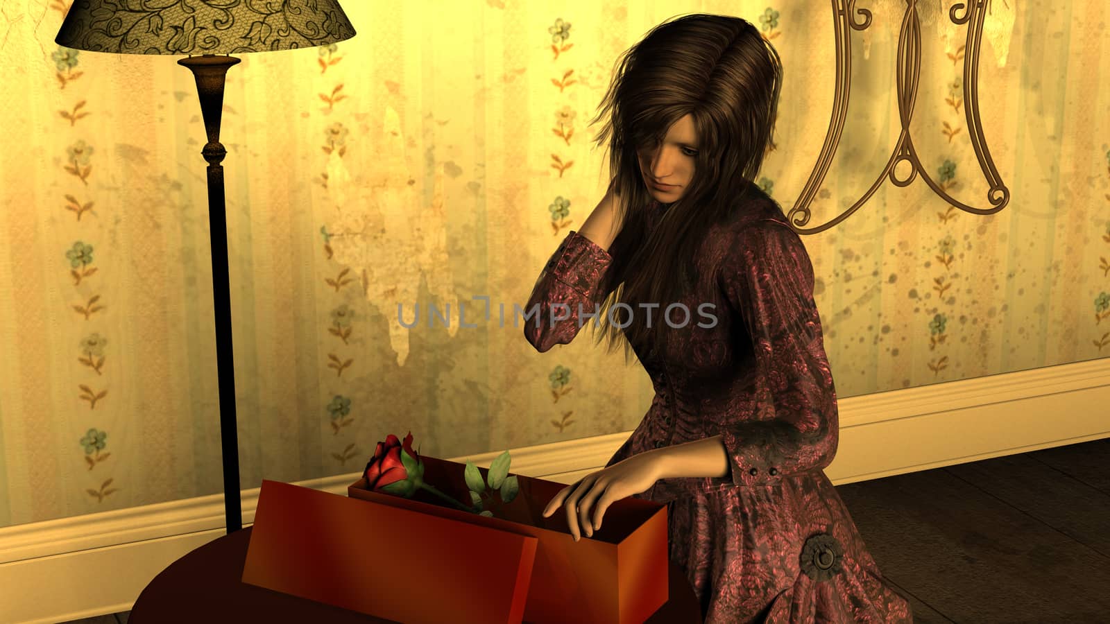 Young Woman dressed with Victorian Dress opening a Gift Box with Red Rose 