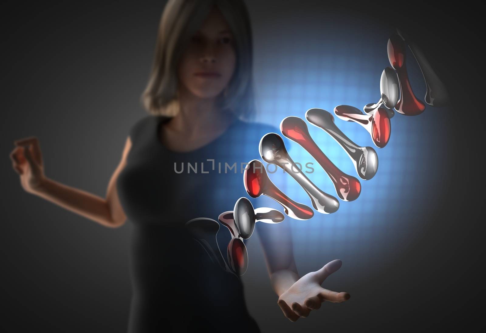 woman and futusistic hologram on hand