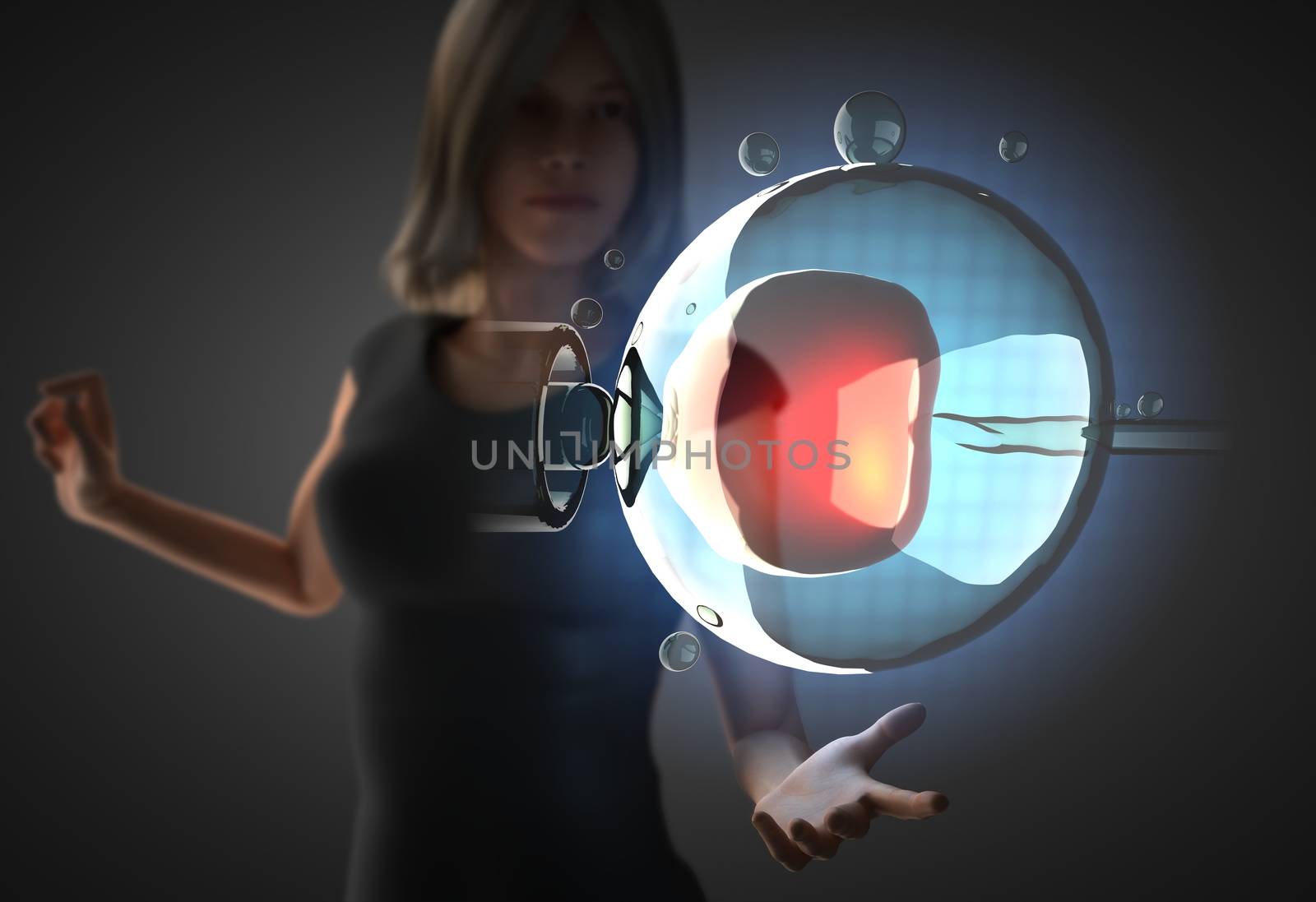 woman and futusistic hologram on hand