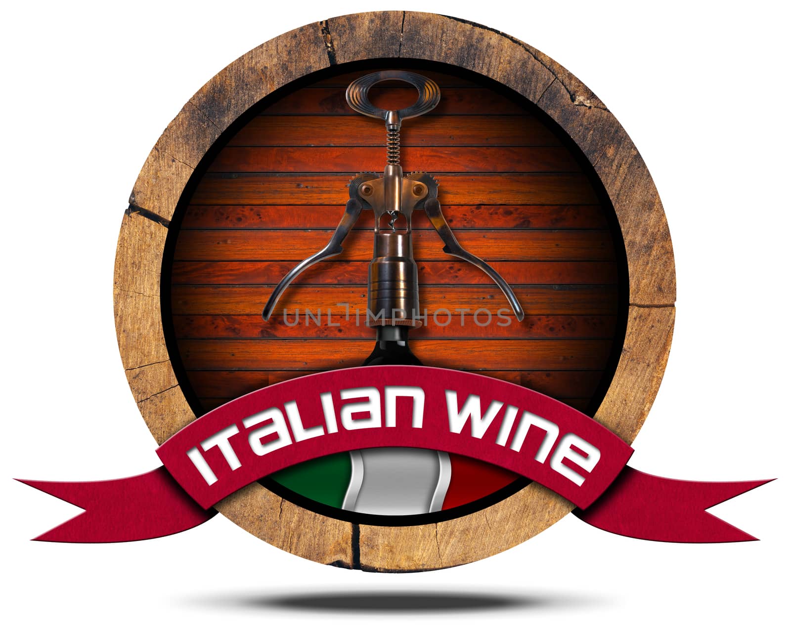 Icon or symbol with wooden barrel, italian flag, corkscrew and bottle, red ribbon with text Italian Wine. Isolated on white background