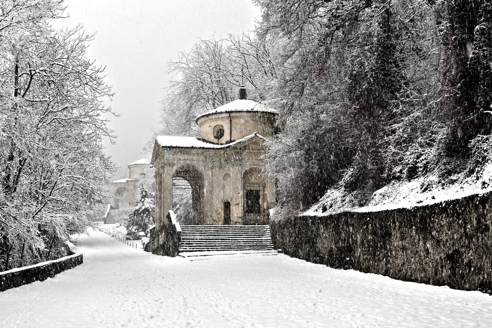 Sacred Mount of Varese in an snowy afternoon