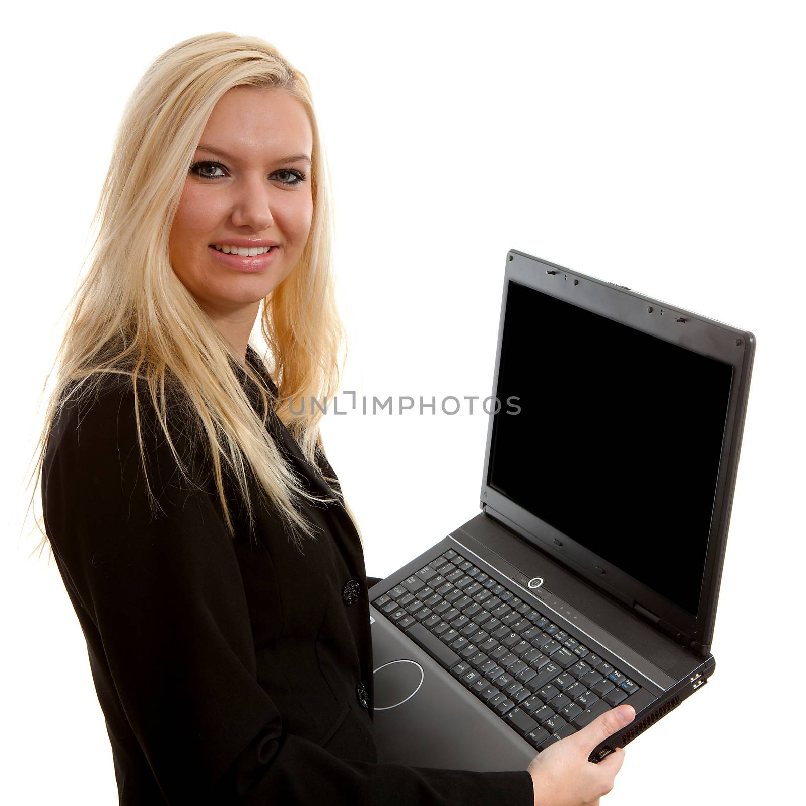 attractive young business woman with laptop over white background