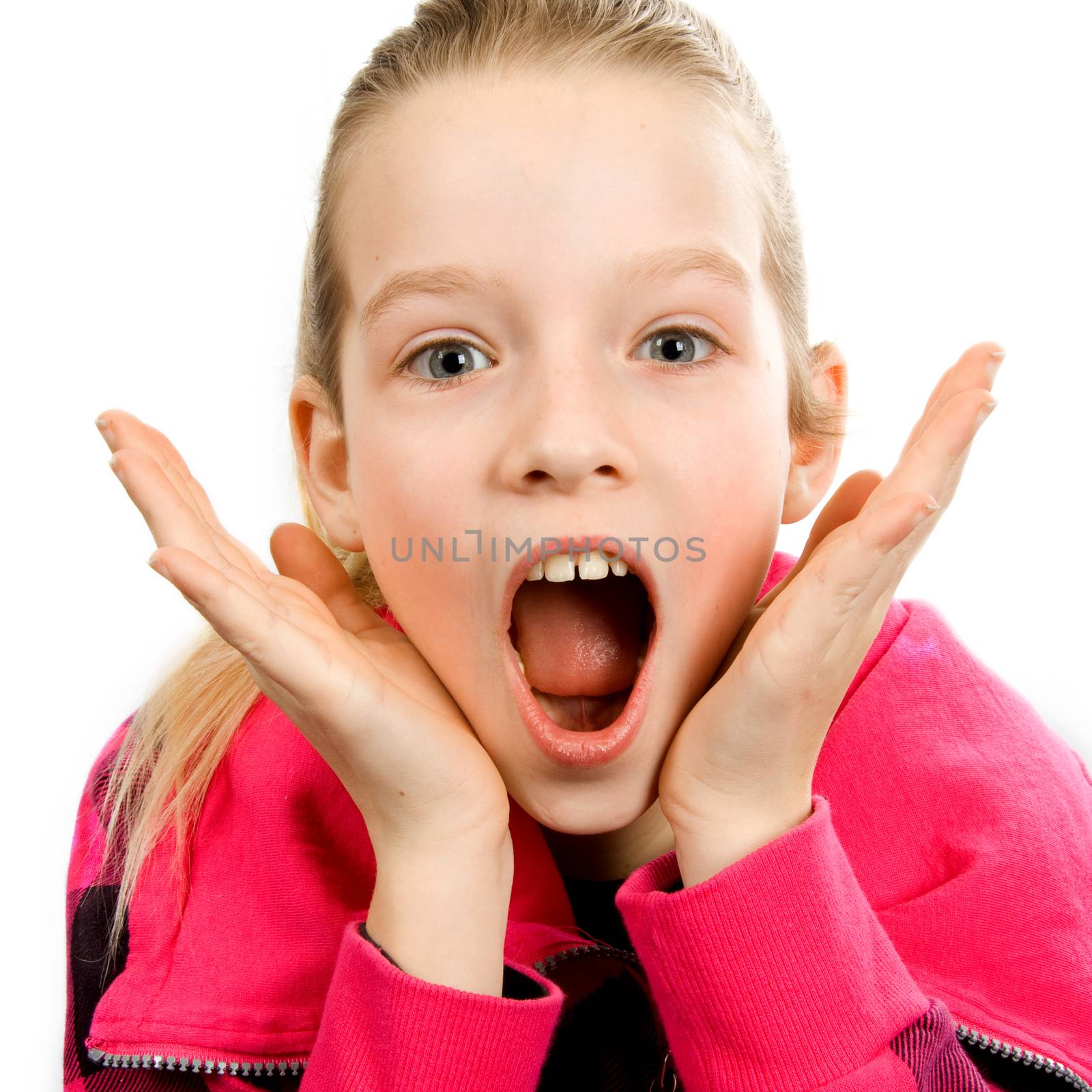 Girl who is surprised in cluseup, isolated on white background