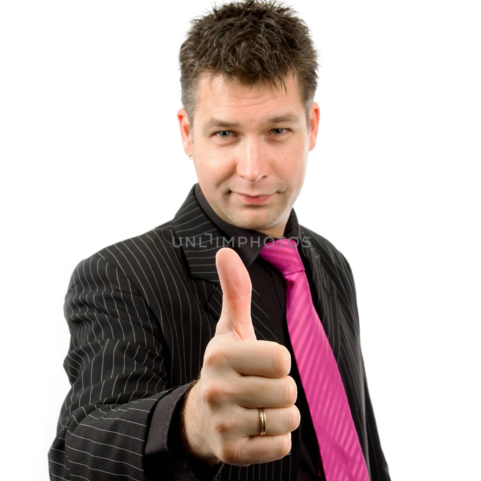 businessman is pleased with thumbs up over white background