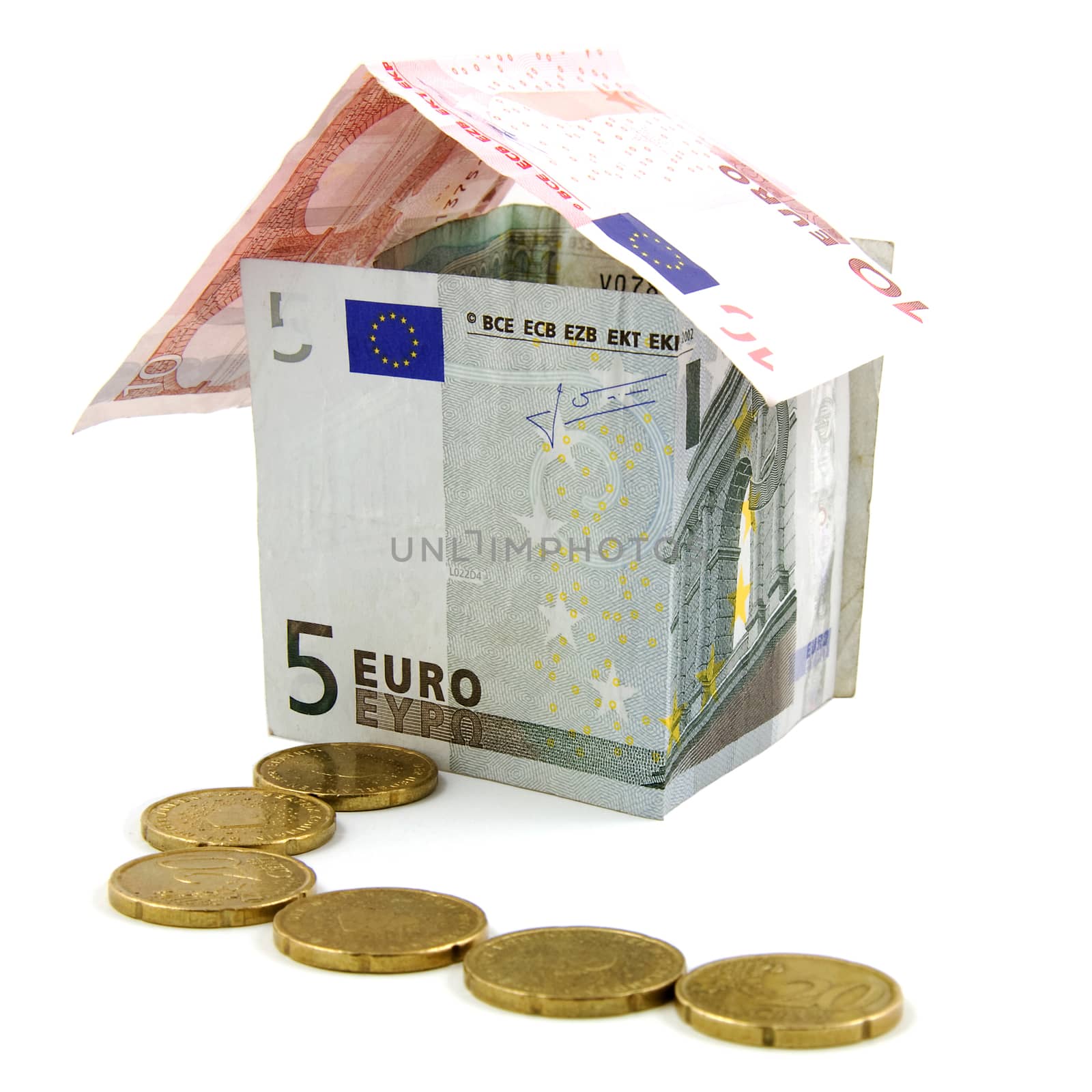 House made of Euro biljets over white background