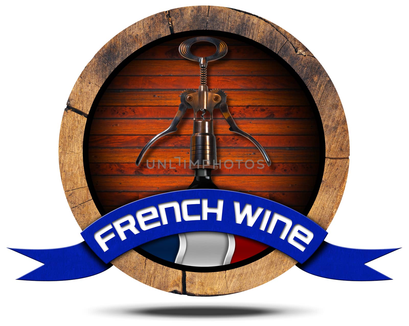 Icon or symbol with wooden barrel, French flag, corkscrew and bottle, blue ribbon with text French Wine. Isolated on white background