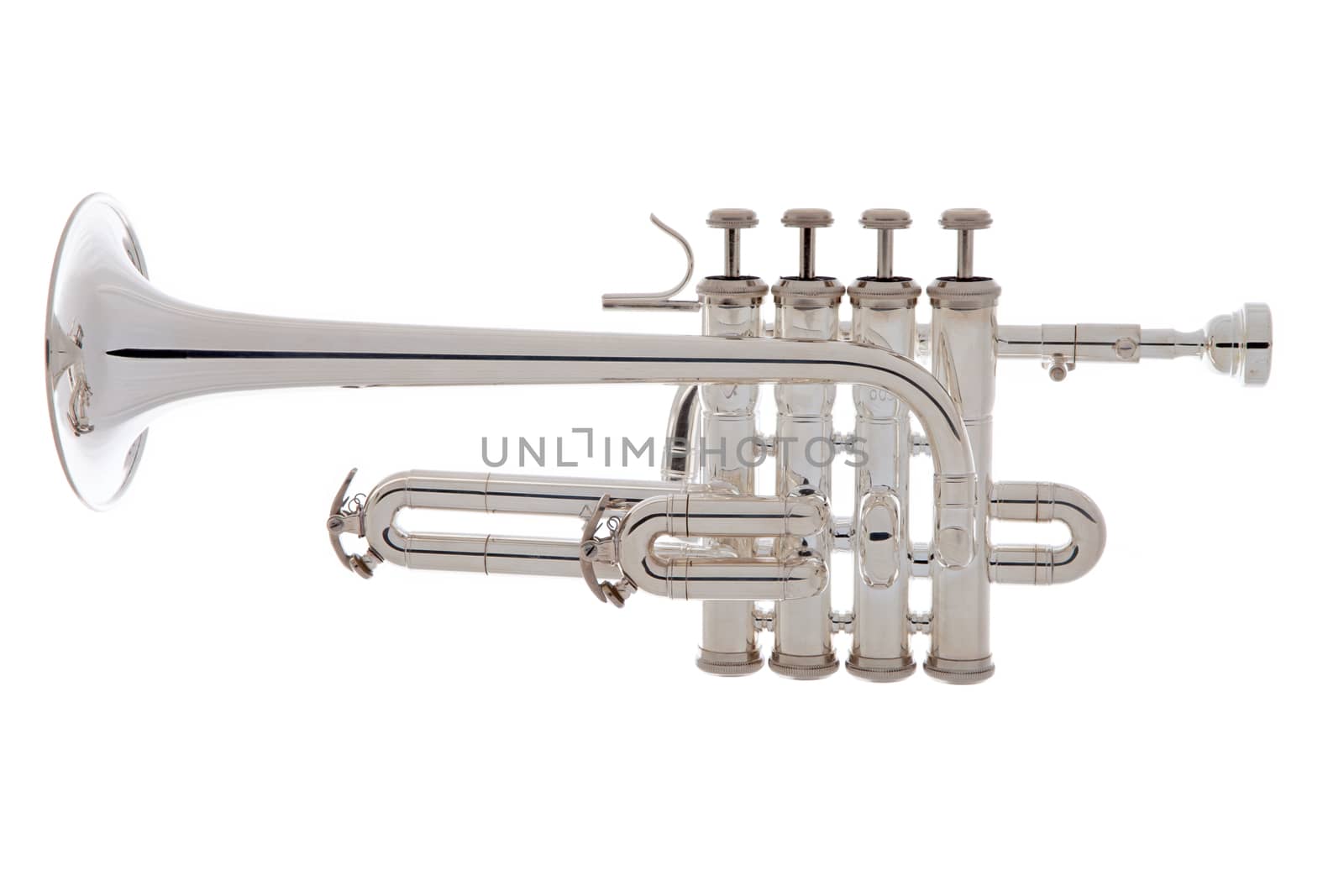 Silver trumpet music instrument over white background