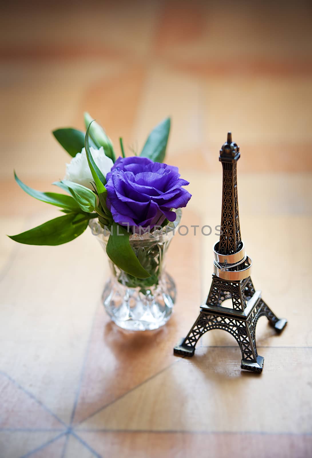 statuette of Eiffel Tower and wedding rings by sfinks