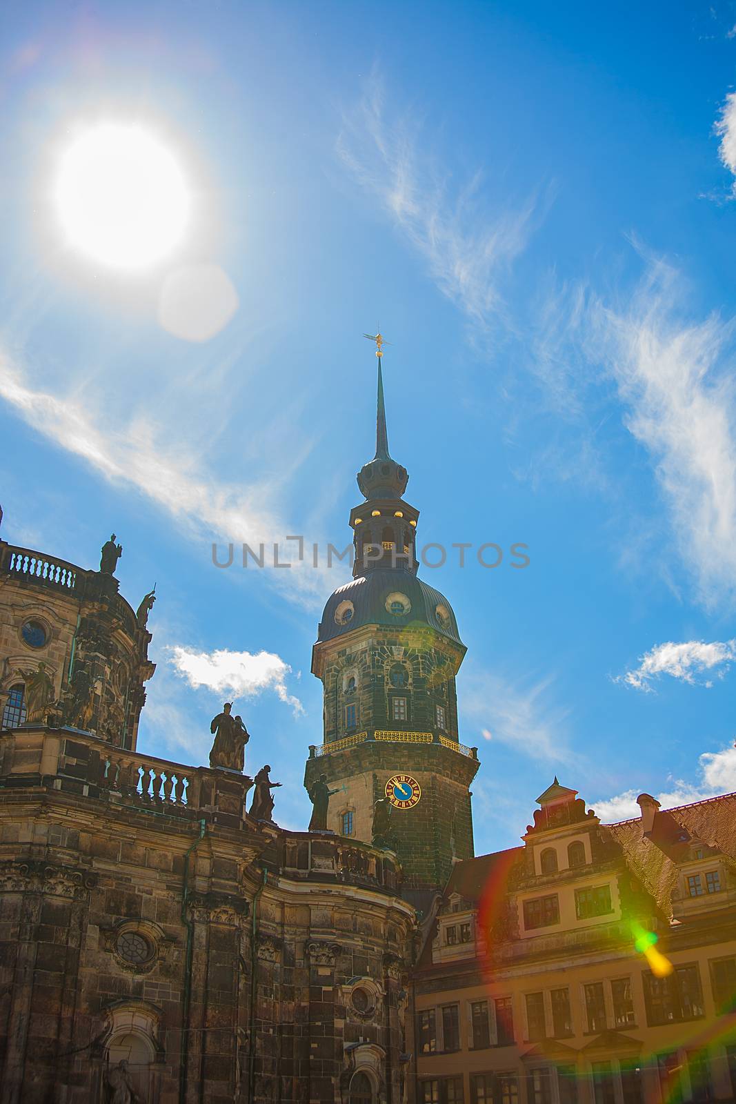 Church Frauenkirche area in Dresden Germany on a sunny day with blue
