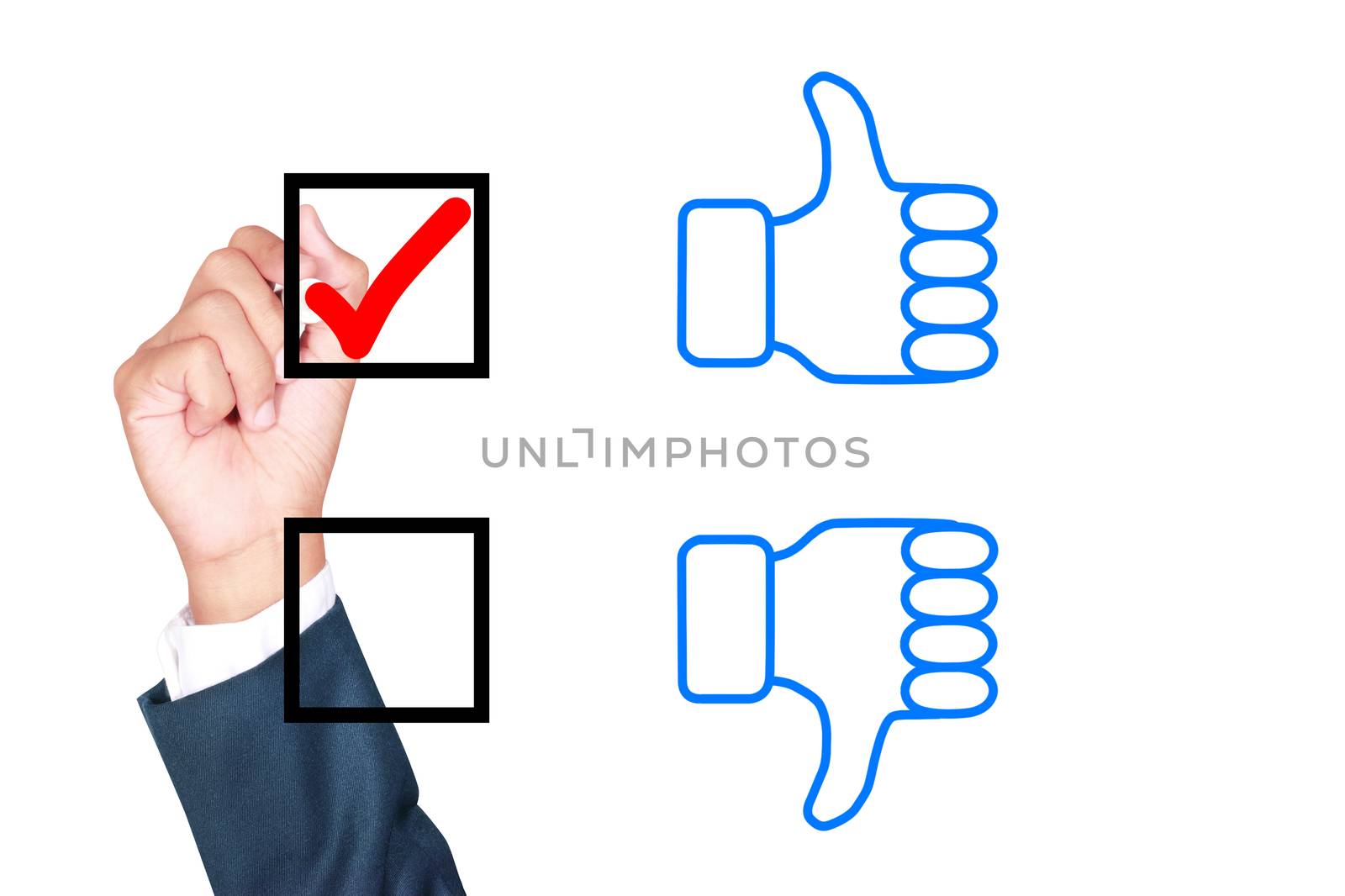 motivation choose thumb up solution for success by businessman tick box on white background