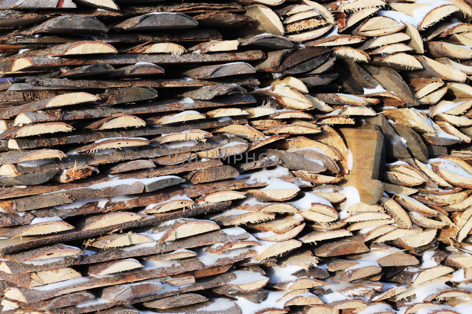 Background of stacked firewood in woodpile powdered white snow