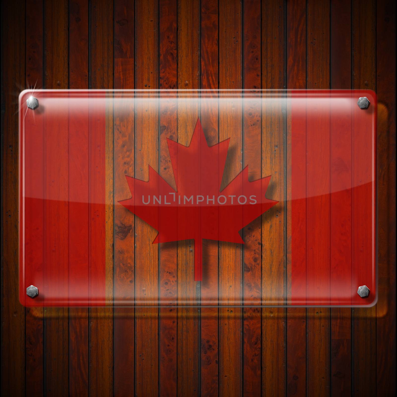 Glass or plexiglass framework with Canadian Flag on wooden wall