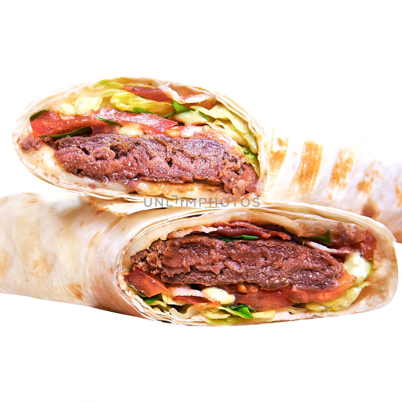 Pita - grilled meat and vegetables isolated on white background