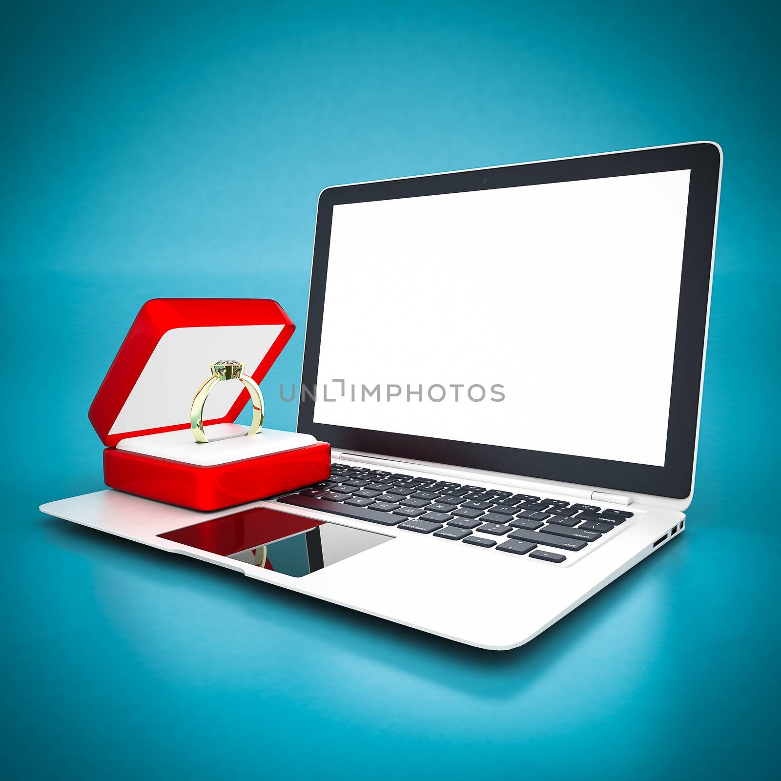 image of wedding rings in a gift box on blue background