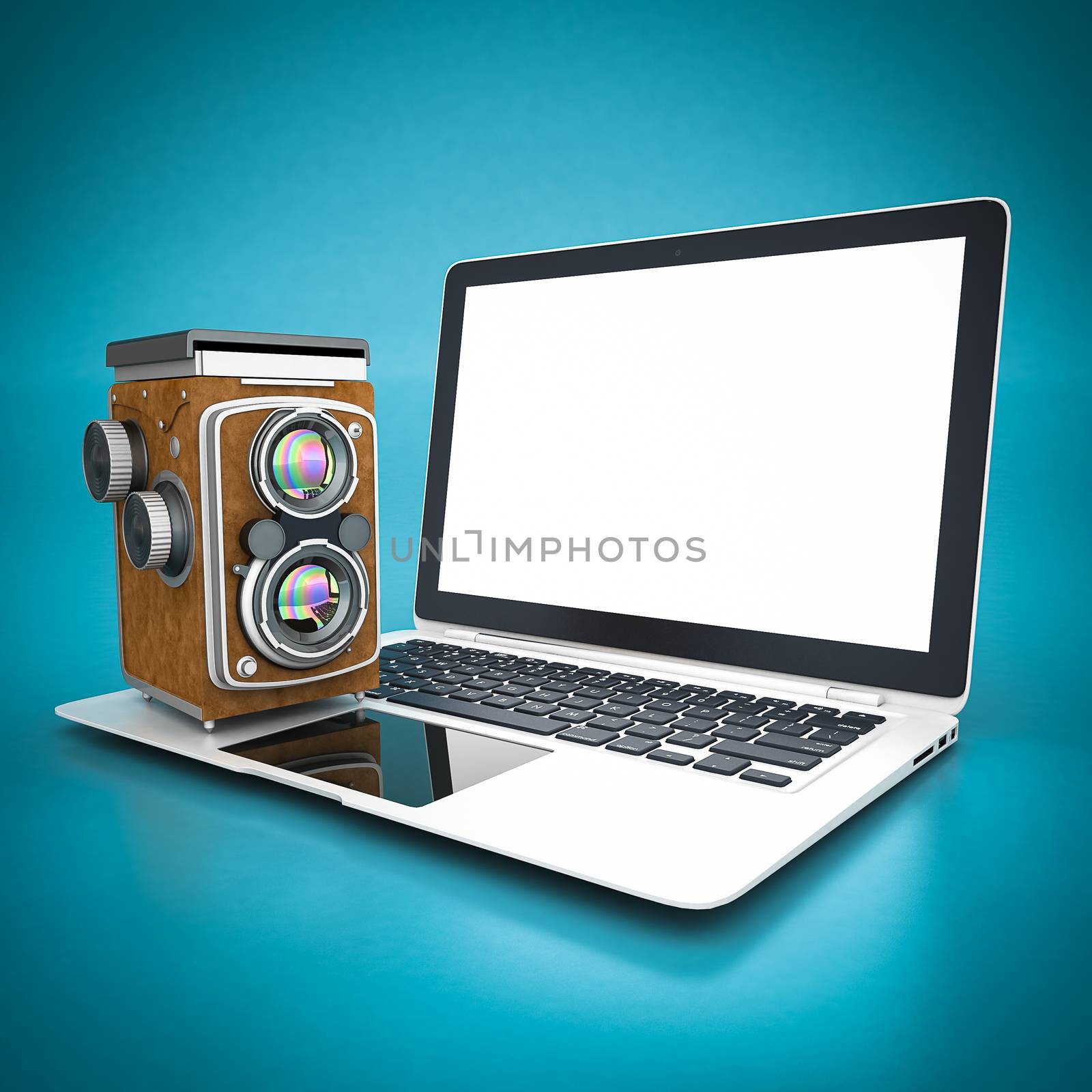 Vintage digital camera on a blue background