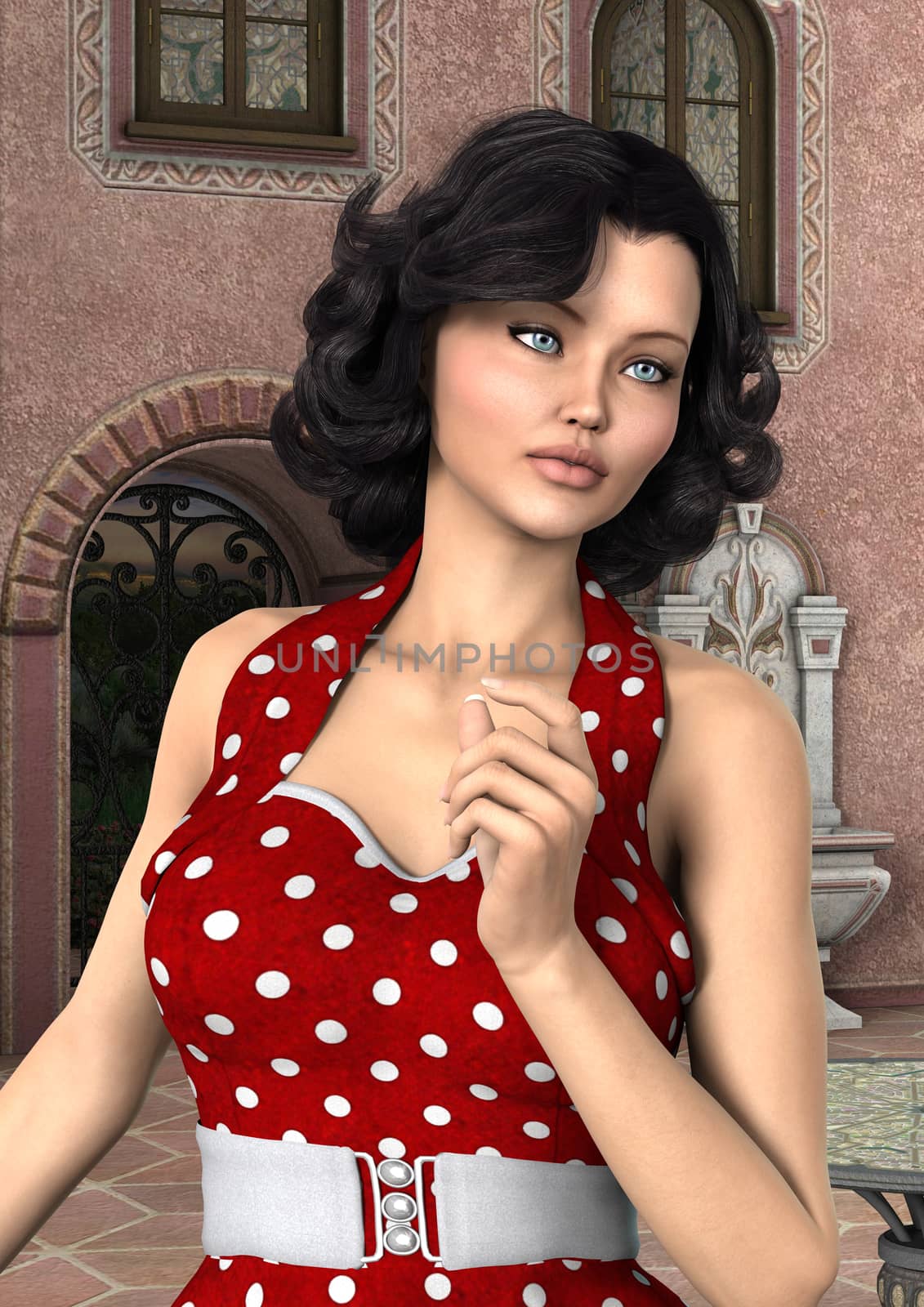 3D digital render of a beautiful vintage woman on a summer town background
