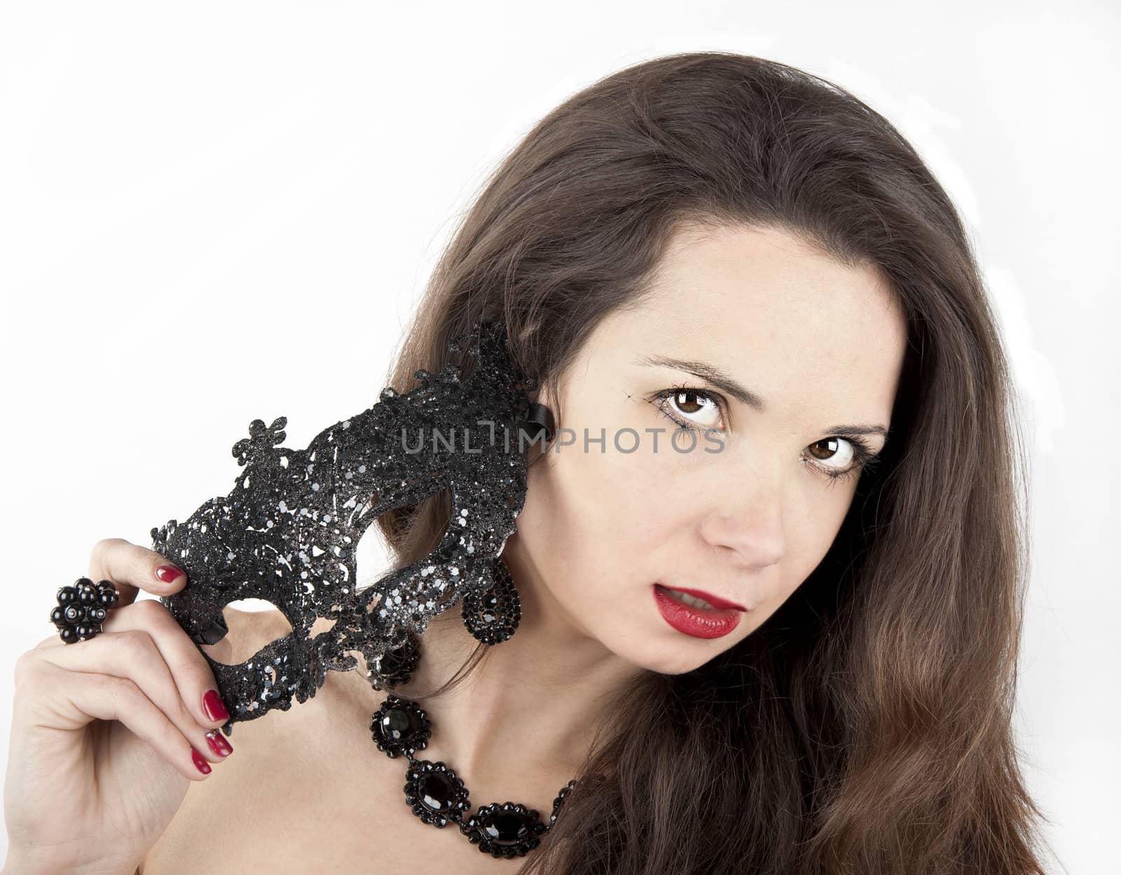 woman with a mask in hand and unusual make-up on a white background by Nikola30