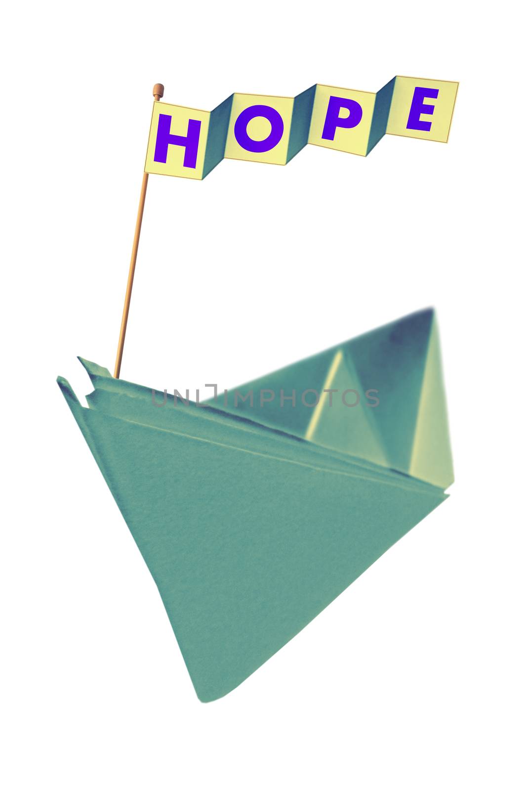 Origami paper boat with flag writing HOPE