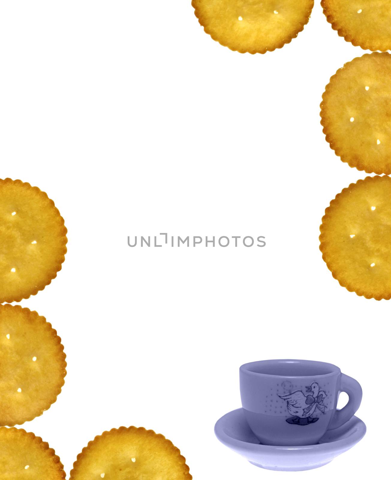 Empty template with Crackers, Salty Biscuits and toy tea cup-saucer