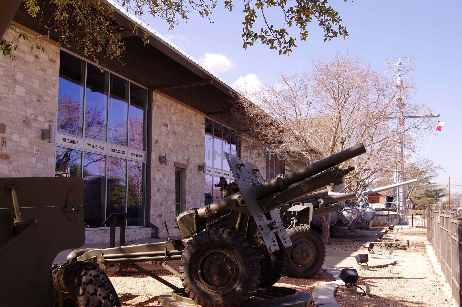 FREDERICKSBURG, TEXAS/UNITED STATES - FEBRUARY 21: World War II artillery weapons line the front of the National Museum of the Pacific War in  Fredericksburg, Texas on February 21, 2015.