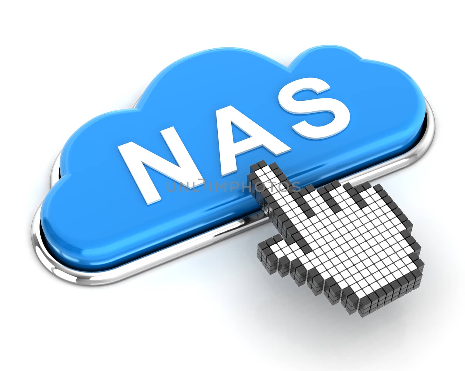 Clicking a cloud shaped NAS button, 3d render