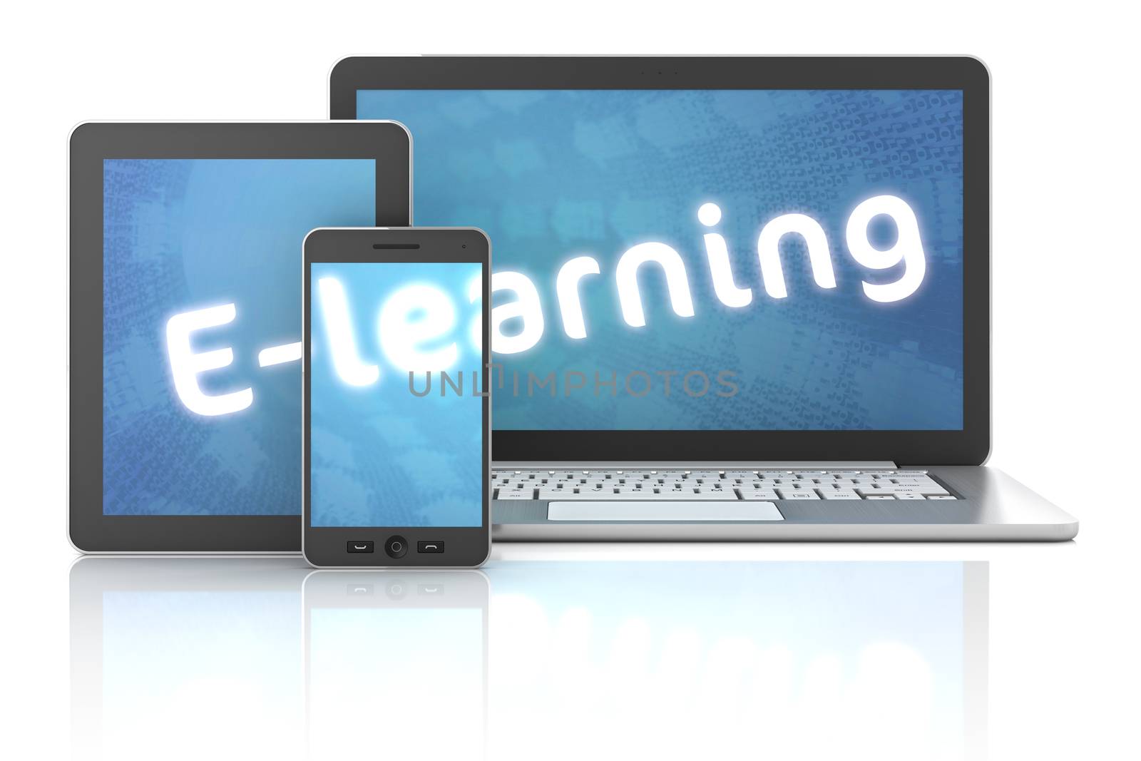 Smartphone, tablet and laptop with E-learning text, 3d render by ymgerman