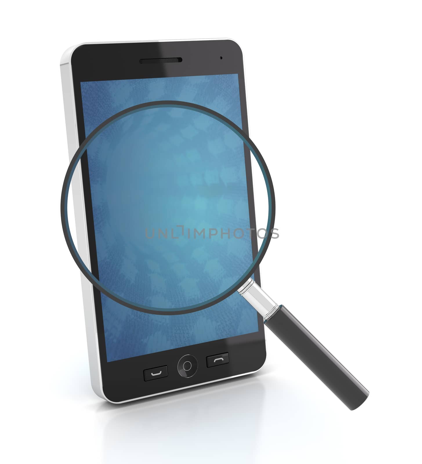 Smartphone with magnifying glass, 3d render