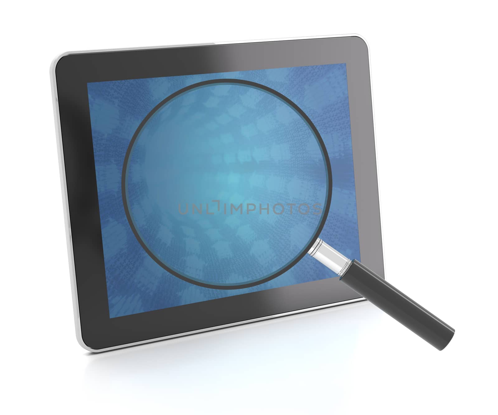 Digital tablet with magnifying glass, 3d render by ymgerman
