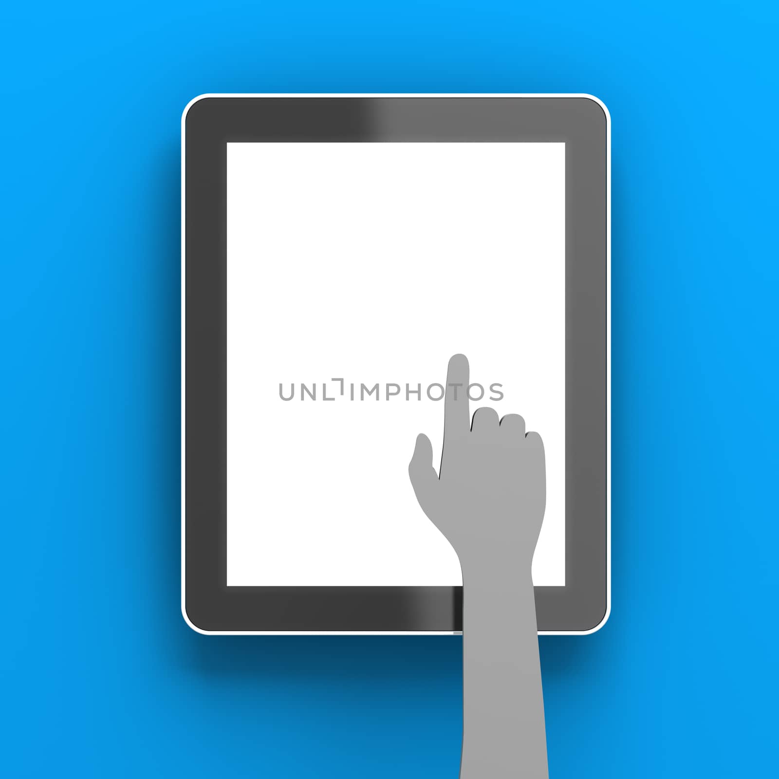 Paper hand clicking a digital tablet with copyspace, 3d render by ymgerman