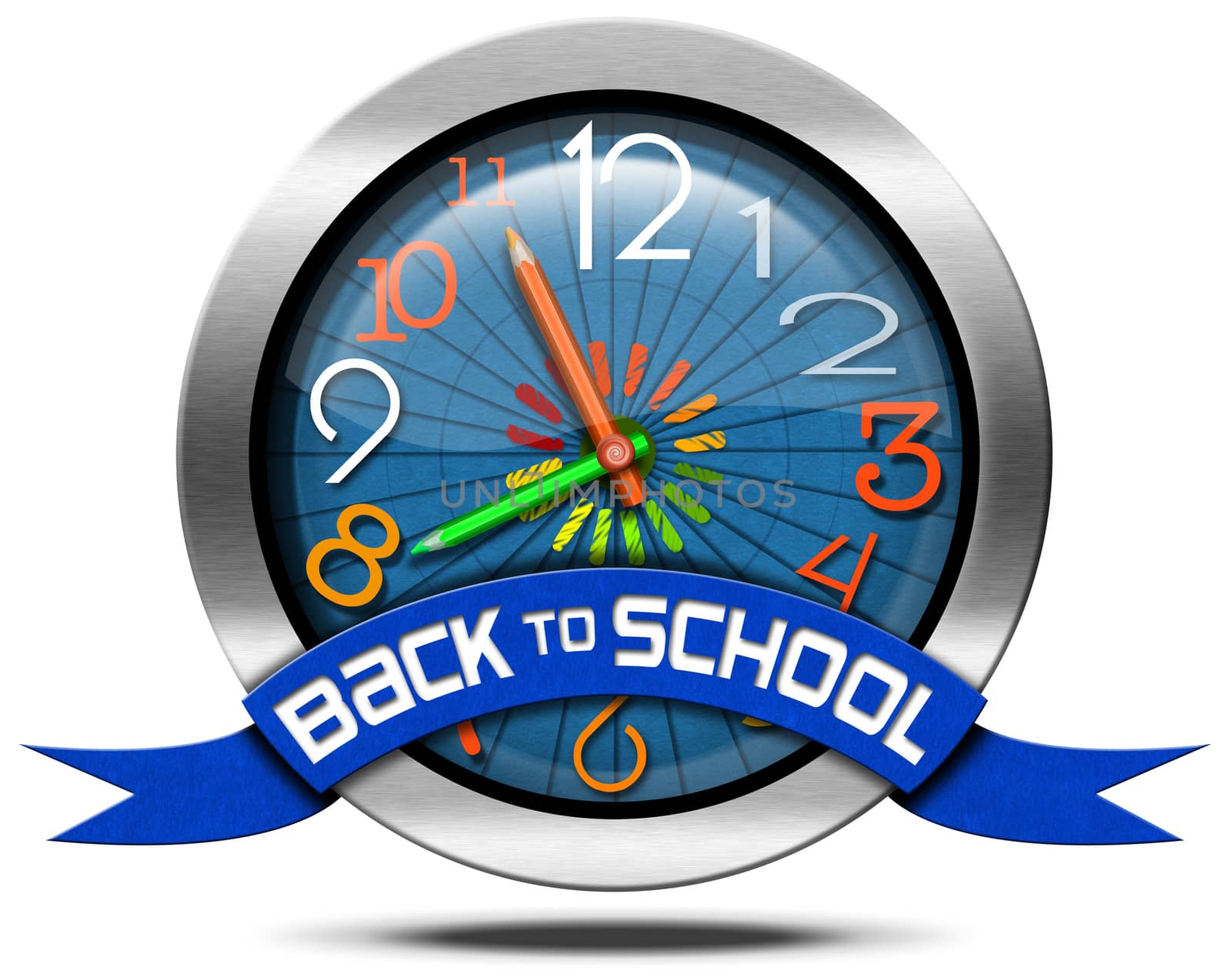 Metallic round icon or symbol with colorful clock with clock hands in the shape of colored pencils and blue ribbon with text back to school