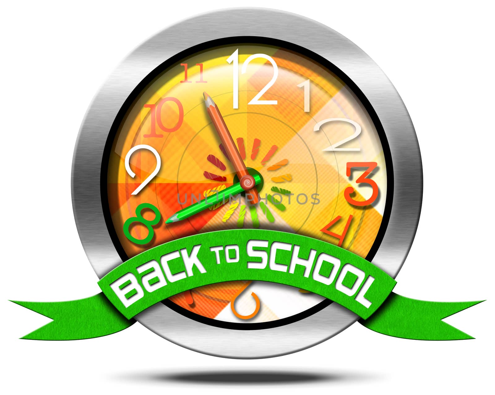 Metallic round icon or symbol with colorful clock with clock hands in the shape of colored pencils and green ribbon with text back to school