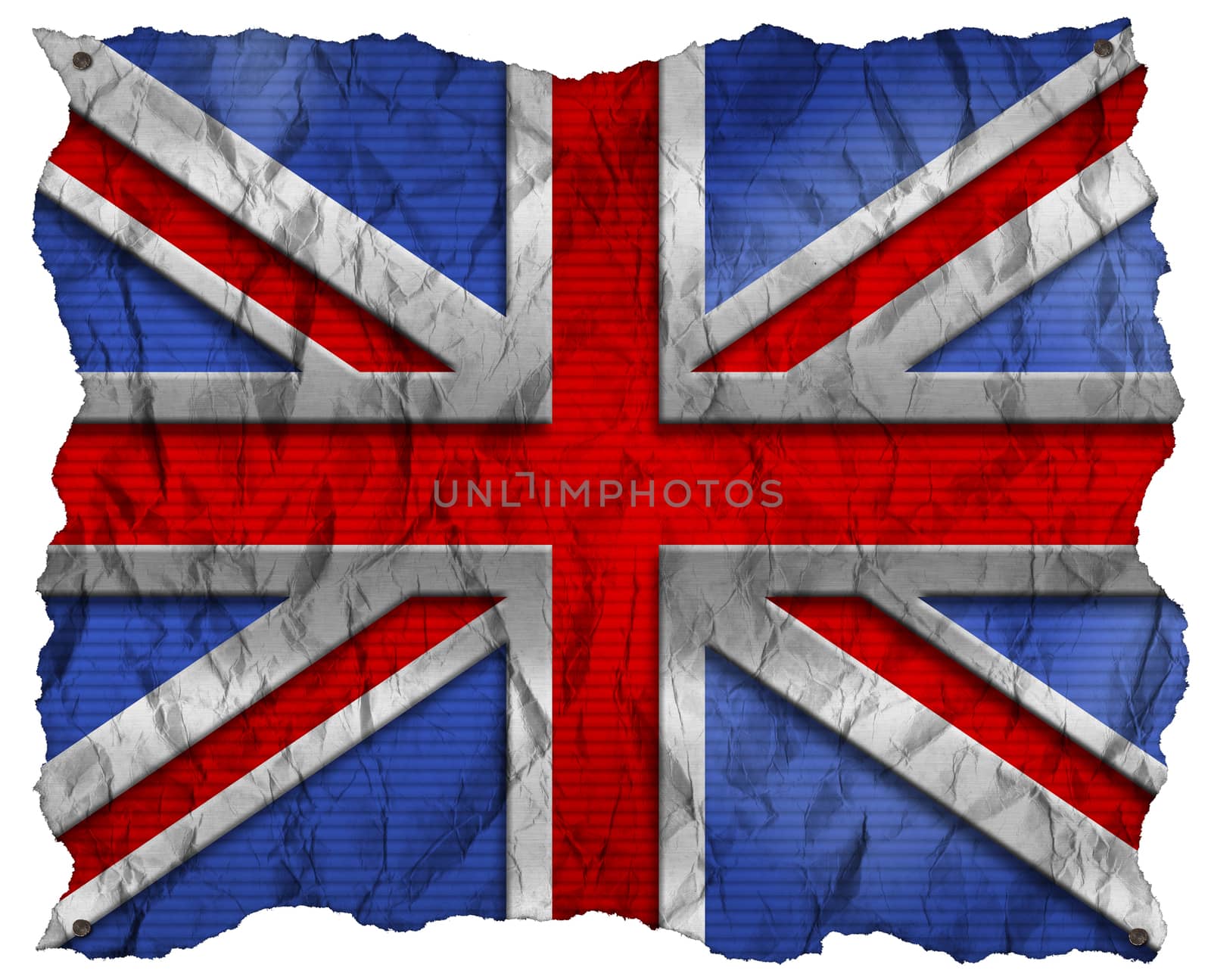 UK flag on a wrinkled sheet of paper with nails, isolated on a white background