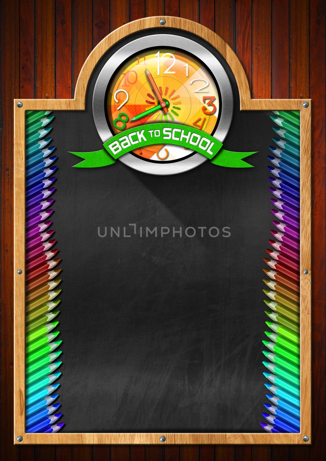 Blackboard with symbol with a colorful clock with clock hands in the shape of colored pencils and green ribbon with text back to school