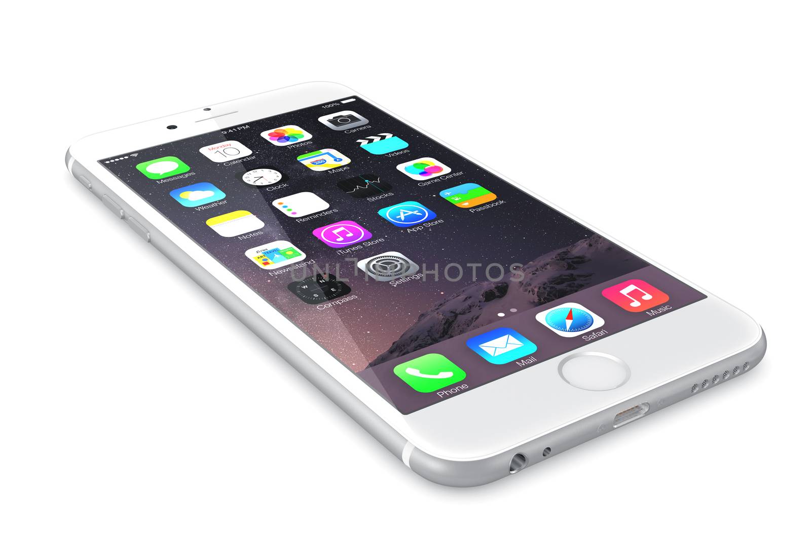 Galati, Romania - September 18, 2014: Apple Silver iPhone 6 Plus showing the home screen with iOS 8.The new iPhone with higher-resolution 4.7 and 5.5-inch screens, improved cameras, new sensors, a dedicated NFC chip for mobile payments. Apple released the iPhone 6 and iPhone 6 Plus on September 9, 2014.