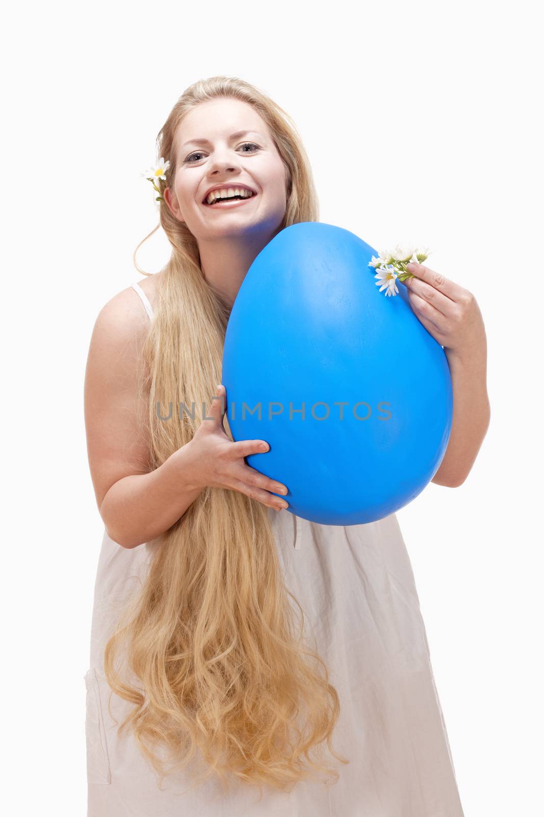 Young Woman with Long Blond Hair and Large Blue Egg. by courtyardpix