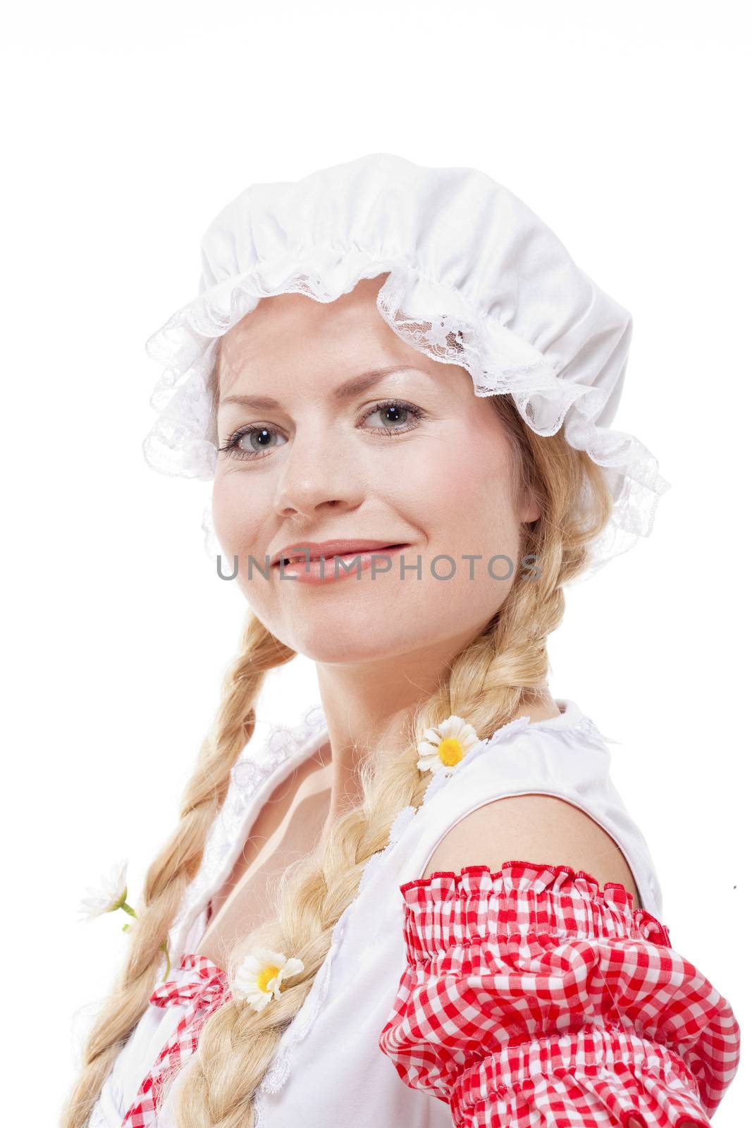 Portrait of a Young Country Girl with Long Blond Braids and White Cap.