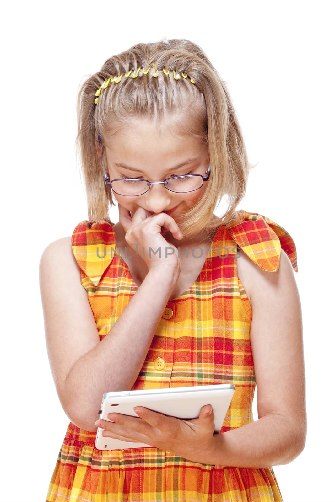 Portrait of a Little Girl with Glasses Holding Tablet - Isolated on White