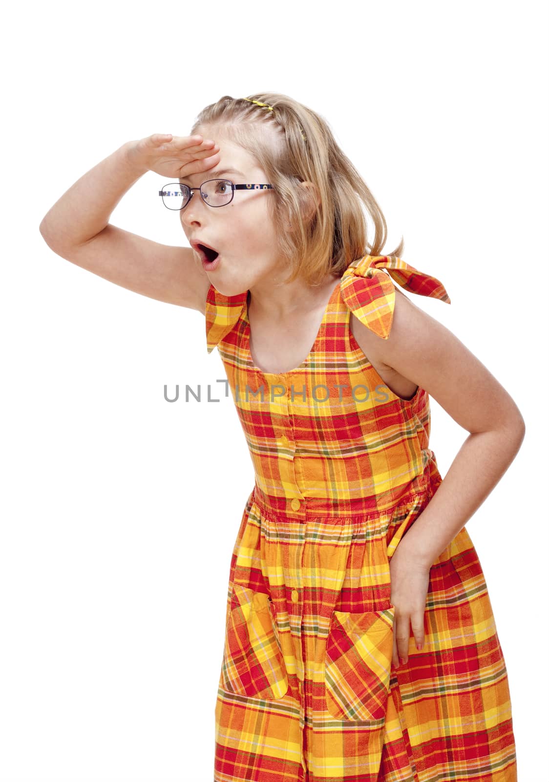 Little Girl with Blond Hair and Glasses Looking - Isolated on White