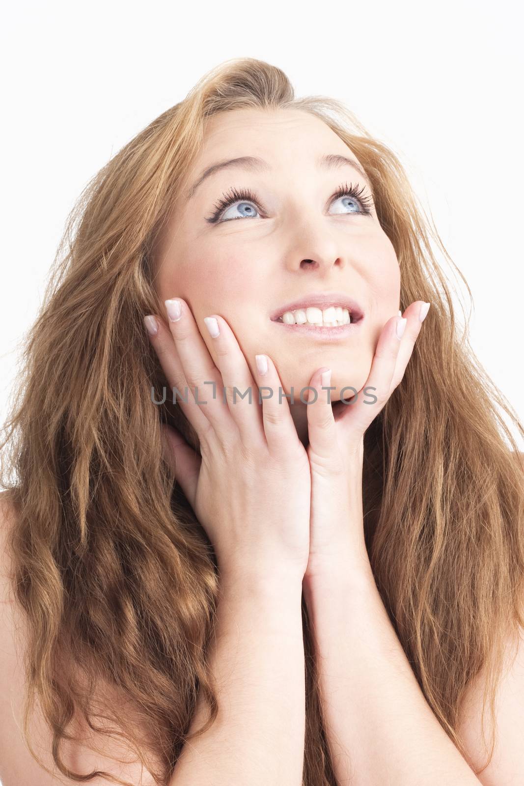 Young Woman with Long Brown Hair Looking Up - Isolated on White