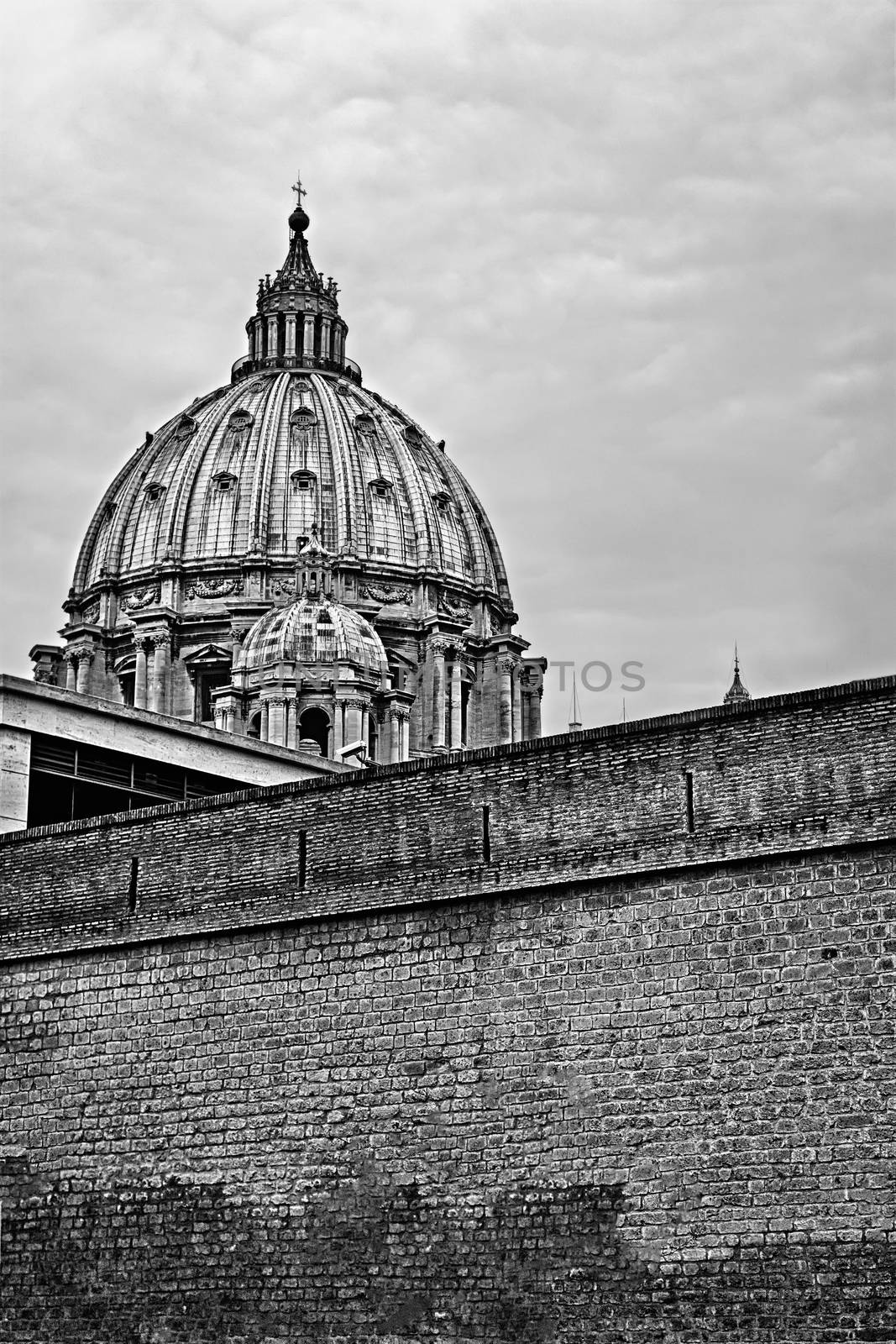 Dome of St. Peter photographed from a side road, black and white