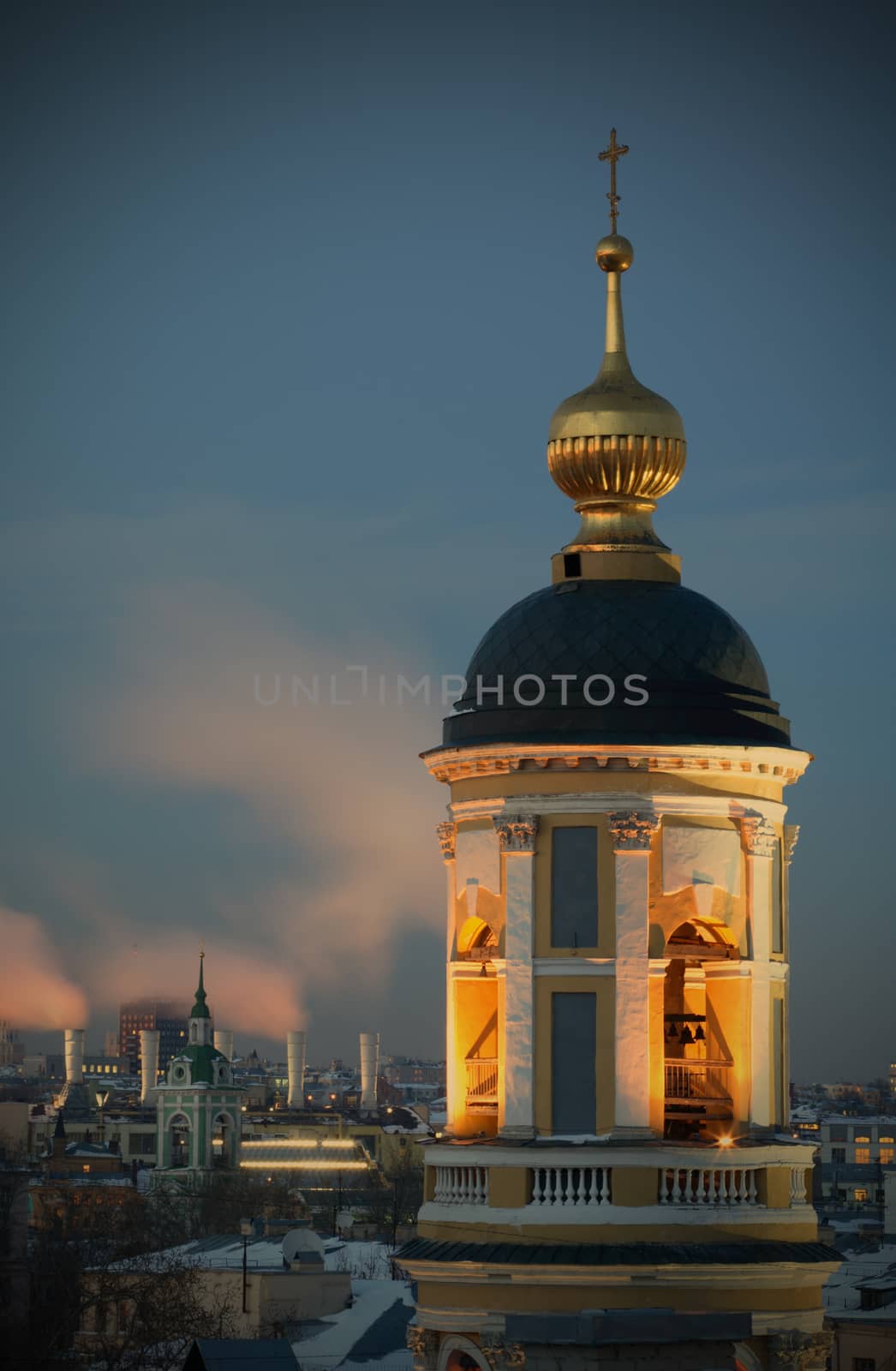 Moscow, Russia, Dome, Spire and Bell tower of the Orthodox Temple in Zamoskvorechie At night, instagram image style