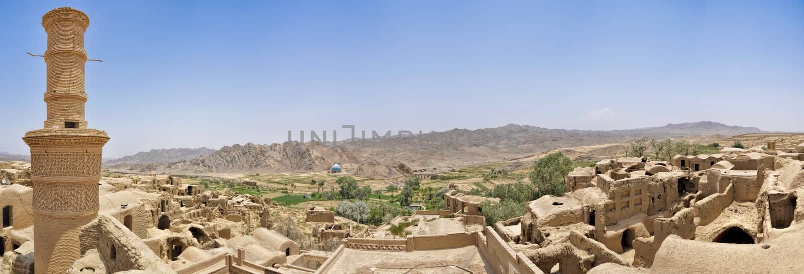 Scenic panorama of old houses in village of Kharanaq in Iran