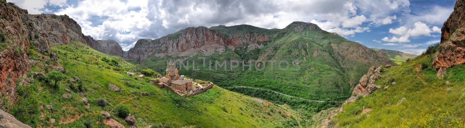 Scenic panorama of Novarank monastery in Armenia, famous tourist destination
