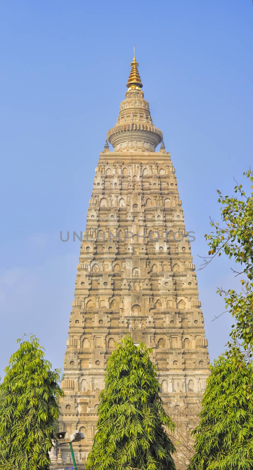 Beatifully decorated tower of buddhist Mahabodhi Temple complex in Bihar, India