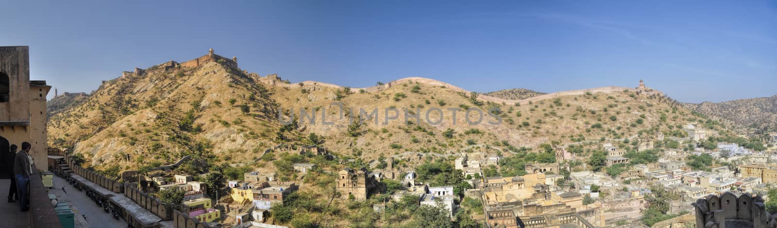 Panoramic view of Amer Palace standing on a hilltop in Rajasthan, India