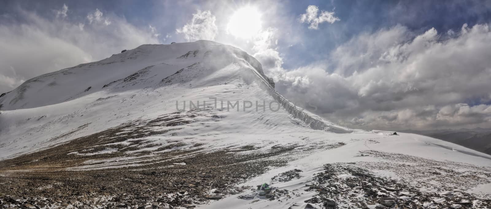 Scenic panorama of cold mountaineous landscape of Pamir mountain range  in Tajikistan