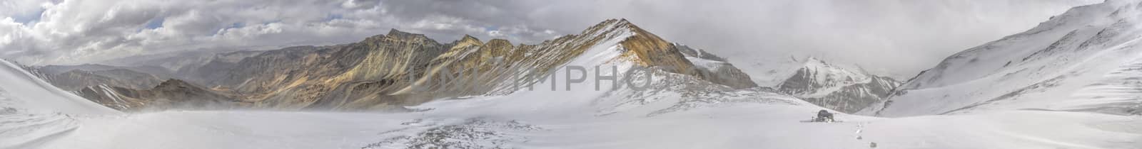 Scenic panorama of cold mountaineous landscape of Pamir mountain range  in Tajikistan